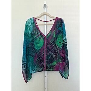 Vintage Y2K Bebe Sheer Flutter Sleeve Top Size Small Green, Purple Chiffon
